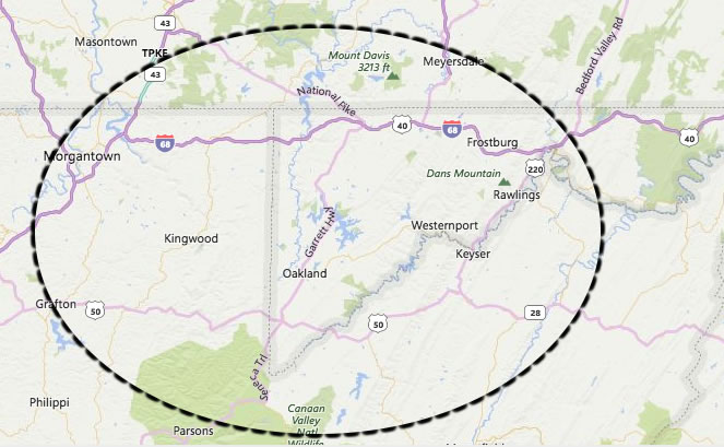 Service radius map around Oakland and Deep Creek Lake, covering Western Maryland and nearby West Virginia